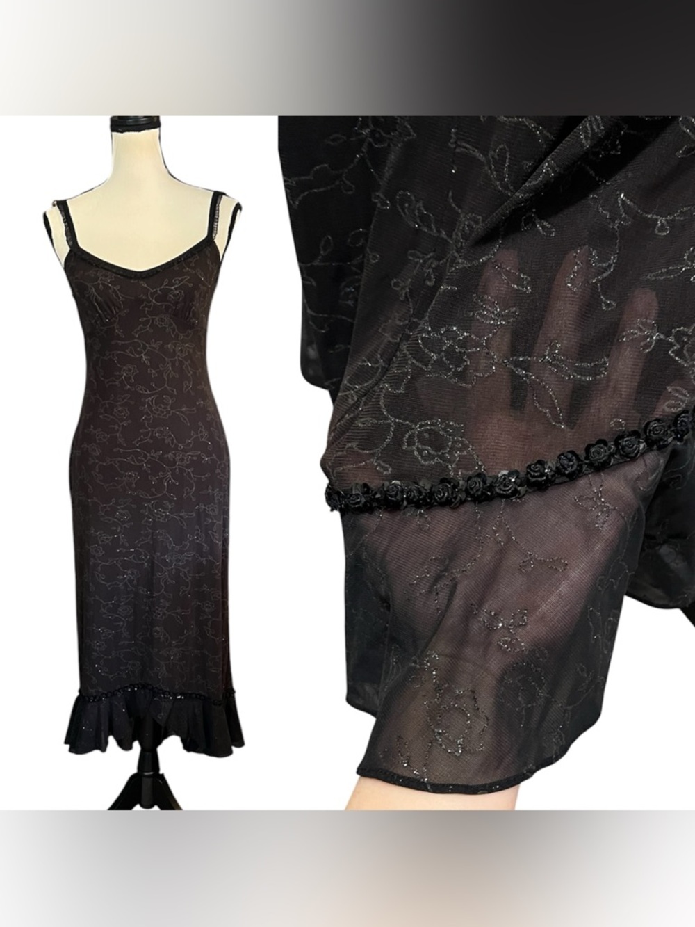 Vintage Betsey Johnson Evening Sheer Mesh Sparkly Floral 3D Rosebuds Slip Dress